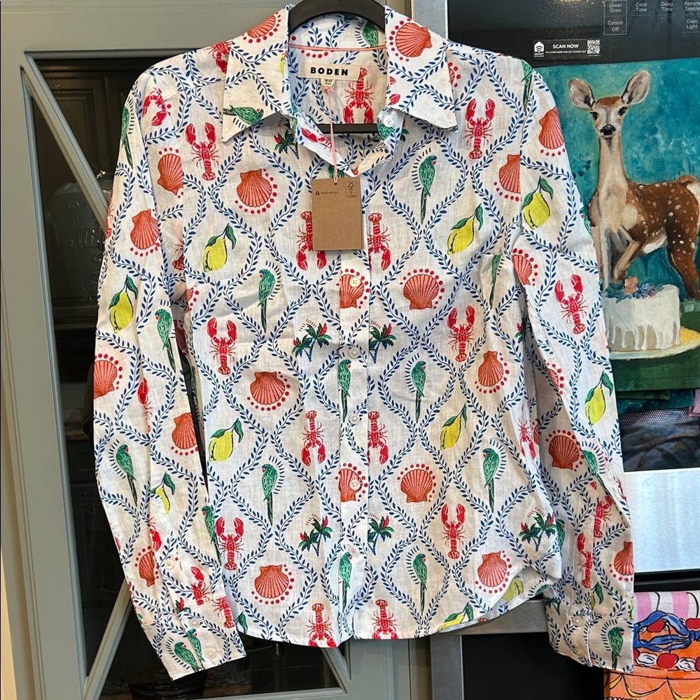 Boden Women's Multicolor Patterned Linen Button Down Shirt NWT 4